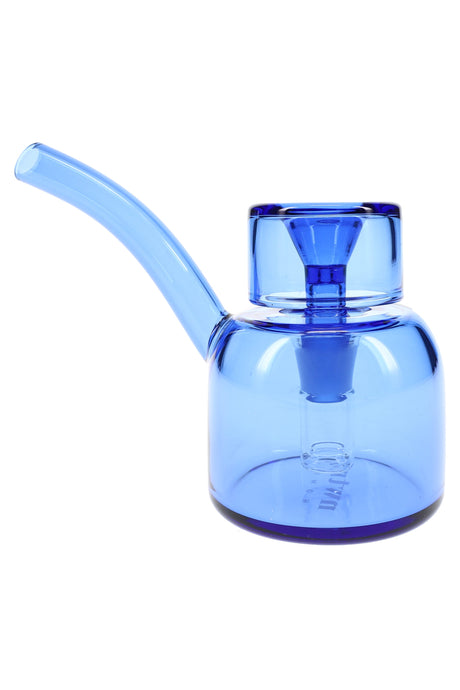 Lapis blue 5″ NWTN Vesper glass bubbler with curved mouthpiece and sturdy base, modern compact water pipe on white.
