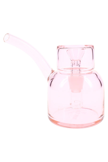 Petal pink 5″ NWTN Vesper glass bubbler with subtle tint and curved stem, minimalist mini bong design on white.