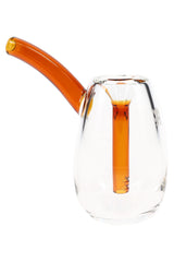 Amber-accent MJ Arsenal Bulb 3.5″ glass mini bubbler with clear outer body and angled mouthpiece, showing inner downstem on white background.