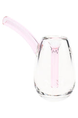 Petal pink-accent MJ Arsenal Bulb 3.5″ glass mini bubbler featuring clear body, colored stem and mouthpiece, compact tabletop piece on white.