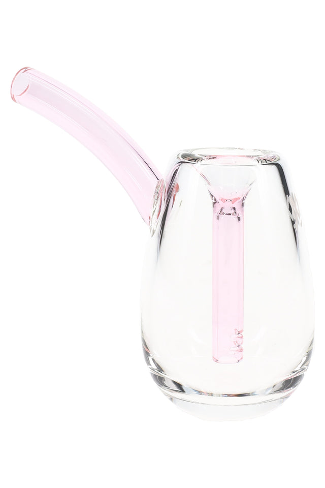 Petal pink-accent MJ Arsenal Bulb 3.5″ glass mini bubbler featuring clear body, colored stem and mouthpiece, compact tabletop piece on white.