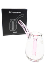 Petal pink MJ Arsenal Bulb 3.5″ glass mini bubbler positioned before branded MJ Arsenal “Bulb Mini Bubbler” box, gift-ready presentation on white.