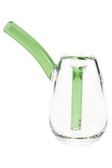 Green-accent MJ Arsenal Bulb 3.5″ glass mini bubbler with clear bulb-shaped body and matching inner stem, angled view on white background.