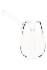 Clear MJ Arsenal Bulb 3.5″ glass mini bubbler with transparent stem, bulb-shaped base and curved mouthpiece, minimalist studio shot on white.