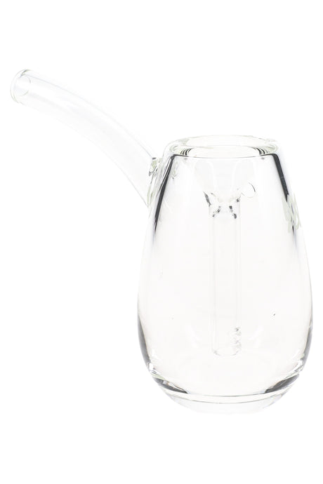Clear MJ Arsenal Bulb 3.5″ glass mini bubbler with transparent stem, bulb-shaped base and curved mouthpiece, minimalist studio shot on white.
