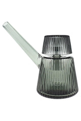 Charcoal gray 5″ NWTN Deco ribbed glass bubbler shown in side profile with long straight neck and wide base, modern home-friendly smoking piece.