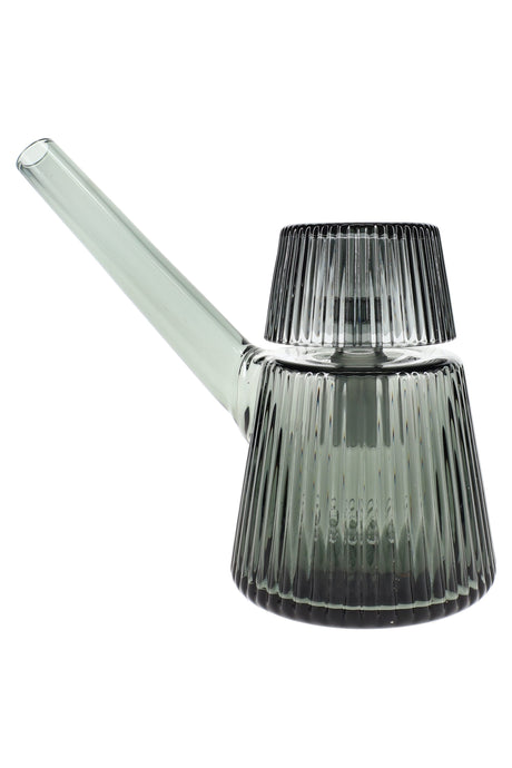 Charcoal gray 5″ NWTN Deco ribbed glass bubbler shown in side profile with long straight neck and wide base, modern home-friendly smoking piece.
