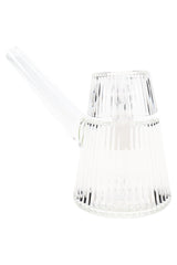 Clear 5″ NWTN Deco ribbed glass bubbler highlighting two-piece design and fluted texture, minimalist compact water-filtered pipe on white.