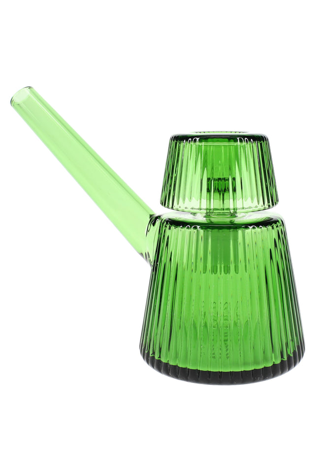 Emerald green 5″ NWTN Deco ribbed glass bubbler with matching mouthpiece and base, bold colored tabletop smoking piece on clean backdrop.