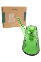Emerald NWTN Deco ribbed glass bubbler posed in front of branded NWTN Home Deco Bubbler box, gift-ready designer water piece display.