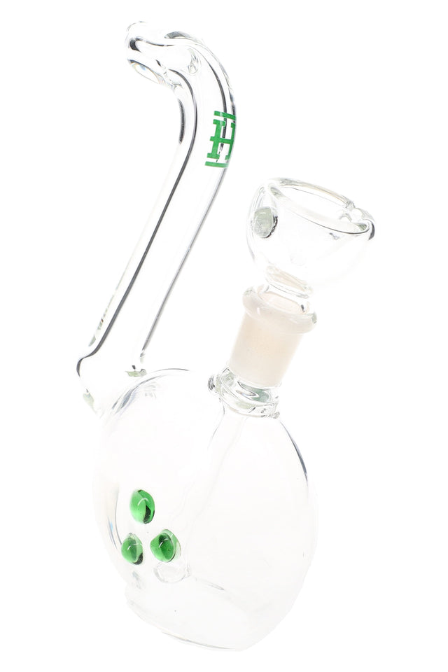 Close-up of Hemper Flavor Saver 7″ clear glass bubbler showing curved neck, 14.5 mm joint and green marbles on the base.