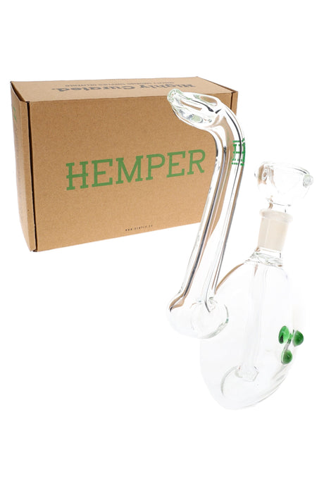 Hemper 7″ Flavor Saver clear glass bubbler with green marbles standing beside branded Hemper box, ready for retail display.