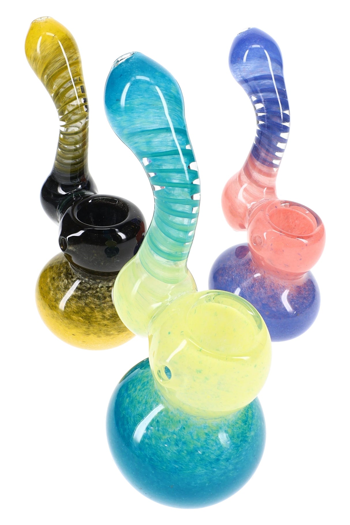 Three assorted-color spiral frit glass sherlock bubblers showing varied bowl and base colorways, compact 5½″ style