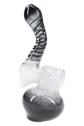 Black-and-clear spiral frit glass sherlock bubbler with speckled base and curved stem, 5½″ size