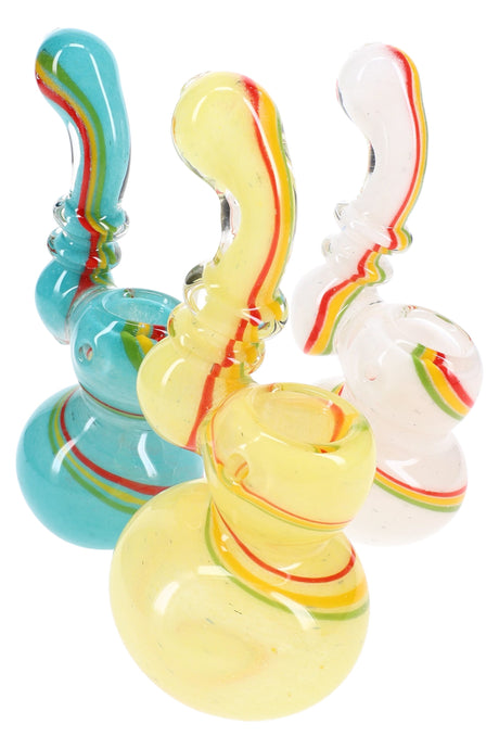 Assorted 5″ rasta swirl frit glass Sherlock bubbler lineup showing three colorways and ring accents