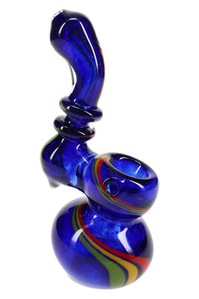 Blue 5″ rasta swirl frit Sherlock bubbler with textured body, ring accents, and curved mouthpiece