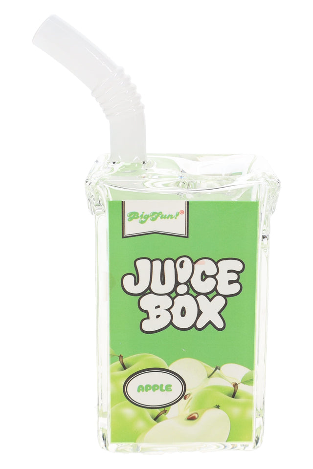 Apple 5″ glass juice box bubbler with white bent straw mouthpiece shown in front product view