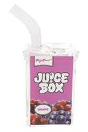 Grape 5″ glass juice box bubbler with novelty drink-box design and bent straw mouthpiece shown in front view