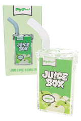 BigFun glass juice box bubbler with retail box and bent straw mouthpiece shown in packaged product view