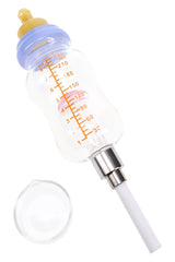 Glass bottle dab straw with mushroom perc, measure markings, ceramic tip, quartz dish, and colorful detail
