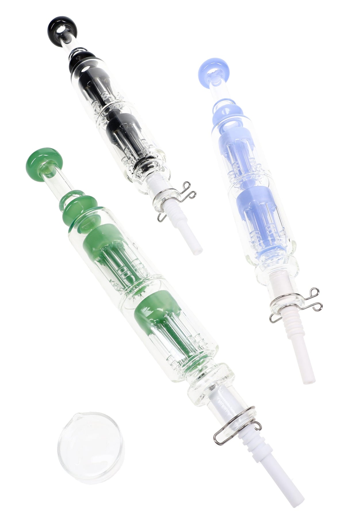 Side view of 9½″ glass dab straw showing double tree percolators, ceramic tip, and assorted color detail