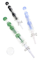 Side view of 9½″ glass dab straw showing double tree percolators, ceramic tip, and assorted color detail