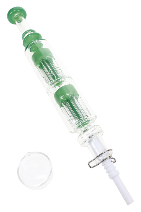 Glass double tree perc dab straw kit with ceramic tip, quartz dish, keck clip, and color-varied body
