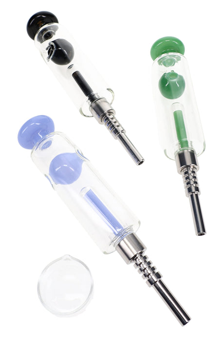 Alternate angle of 5½″ glass dab straw showing colorful body, metal tip, dome perc, and orb accent