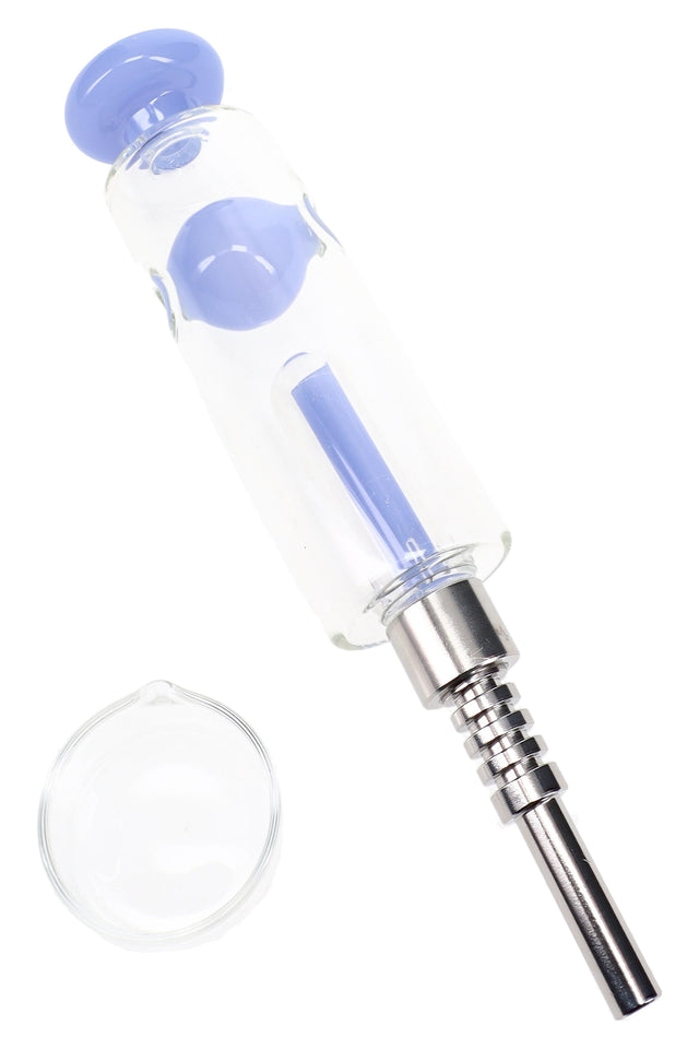 Colorful glass dab straw with dome percolator, sphere accent, screw-on metal tip, and quartz dish