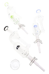 Glass recycler dab straw with dome perc, ceramic tip, quartz dish, keck clip, and colored accent detail