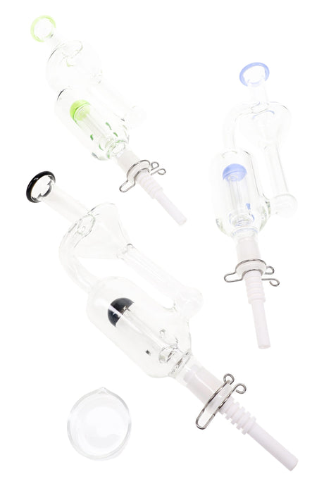 Glass recycler dab straw with dome perc, ceramic tip, quartz dish, keck clip, and colored accent detail