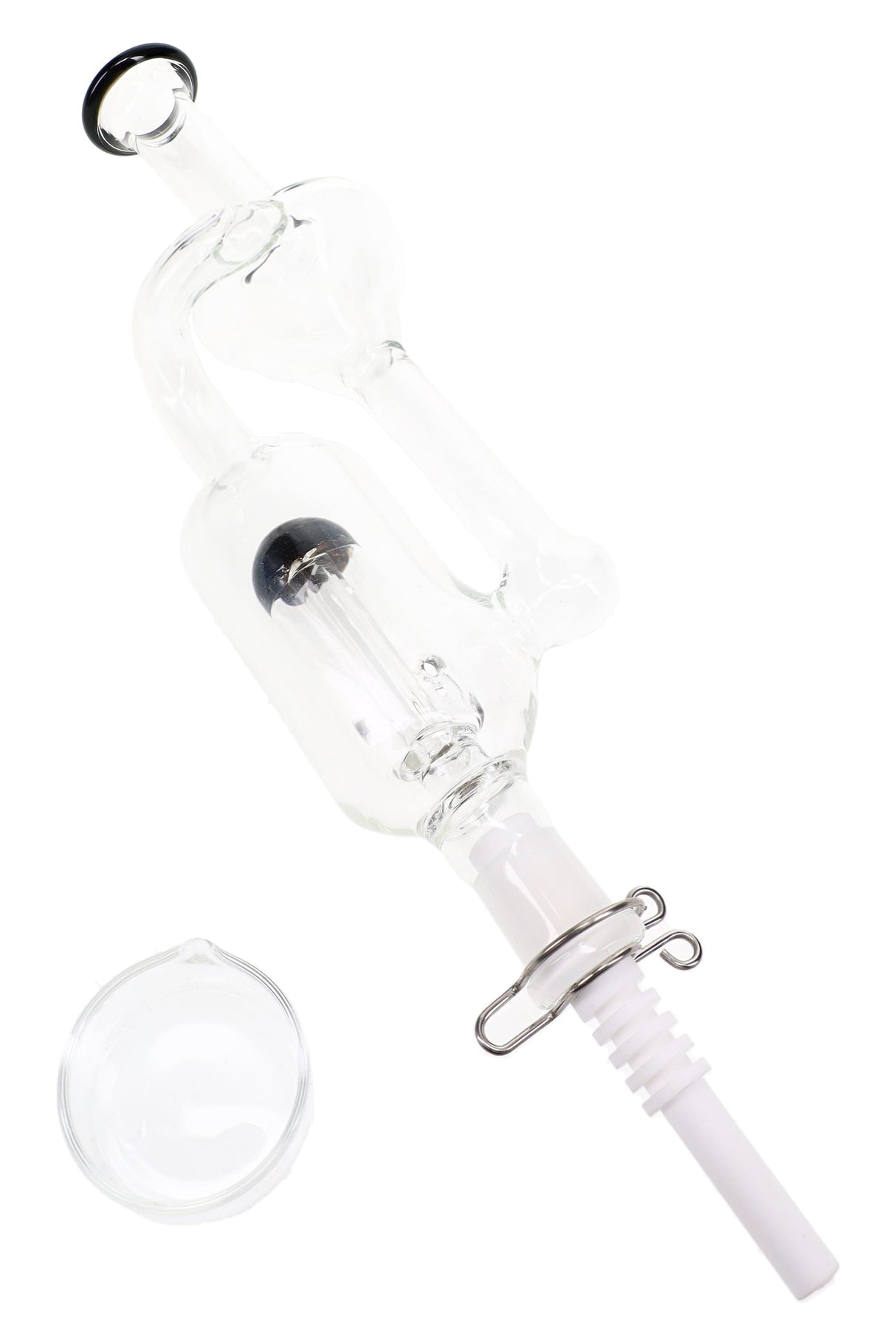Side view of recycler dab straw showing curved glass body, dome percolator, ceramic tip, and accent color