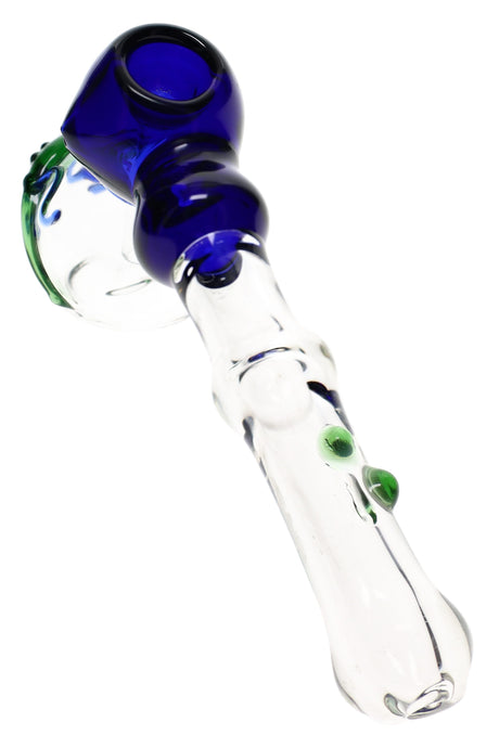 Side angle of clear glass hammer bubbler with raised lizard accent, blue bowl, and curved mouthpiece