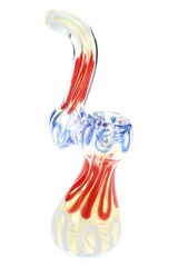 Small Sherlock glass bubbler with color-changing finish, bright squiggle stripes, and 6″ profile