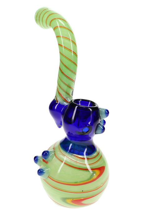 Individual 9″ Sherlock glass bubbler with colorful frit body, curved profile, and Rasta swirl decoration