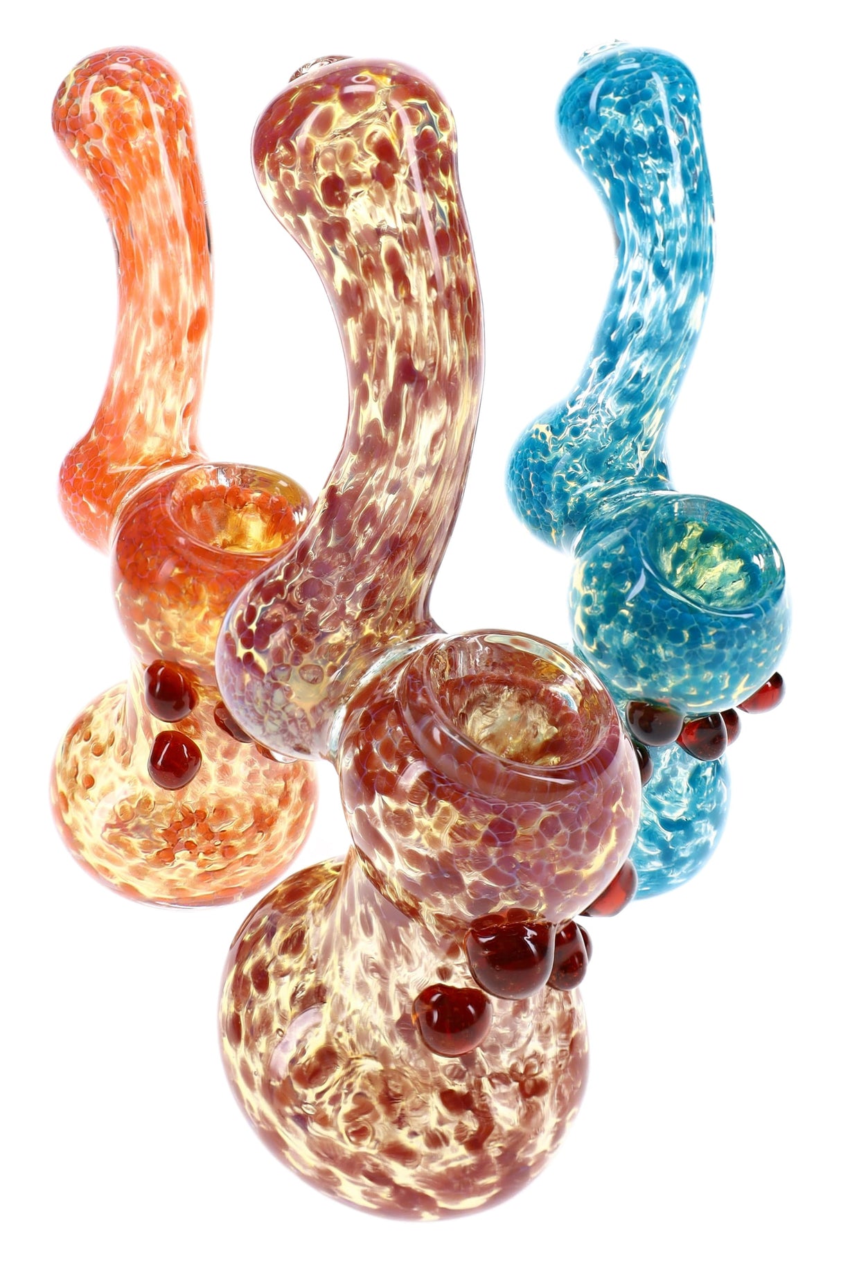 Assorted 5½″ glass bubblers with Sherlock curves, color-changing frit, and decorative glass accents
