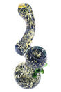 Blue and amber 5½″ glass bubbler with Sherlock shape, frit pattern, and green decorative accents