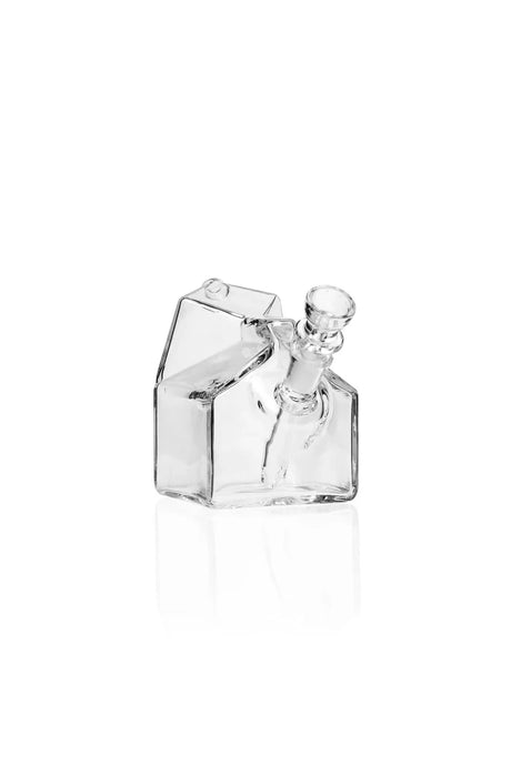Clear GRAV Milk Carton Pocket Bubbler at a three-quarter angle, showing its peaked top and glass cup bowl.