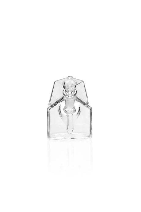 Front view of the clear GRAV milk carton bubbler with its cup bowl centered above the square chamber.