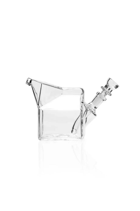 Side view of the clear GRAV milk carton bubbler showing the spout mouthpiece, angled bowl, and internal tube.