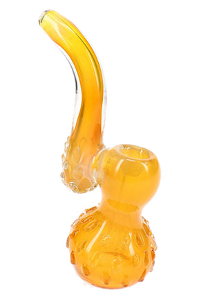 Gold fumed glass Sherlock bubbler with curved neck, round bowl, raised marbled accents, and 6″ body