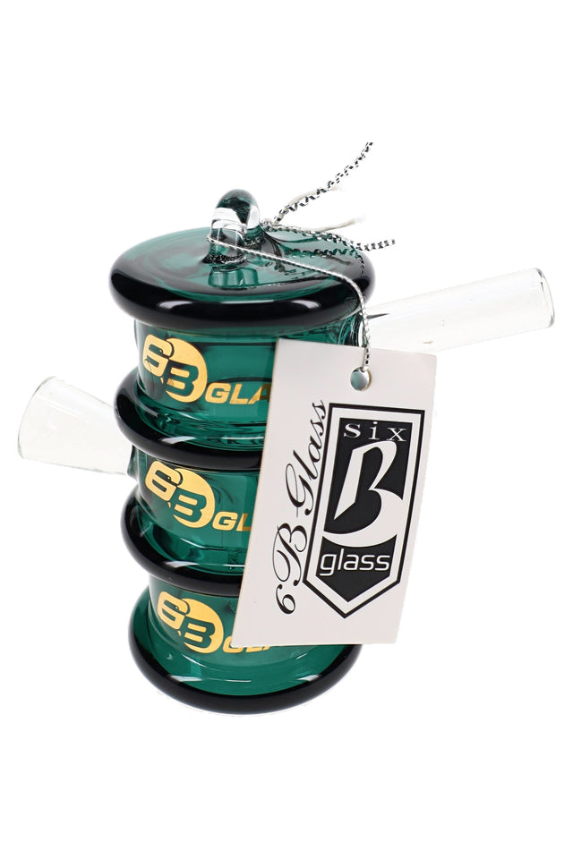 Green 6B Glass barrel glass bubbler with black ring accents, side bowl, loop handle, and hang tag