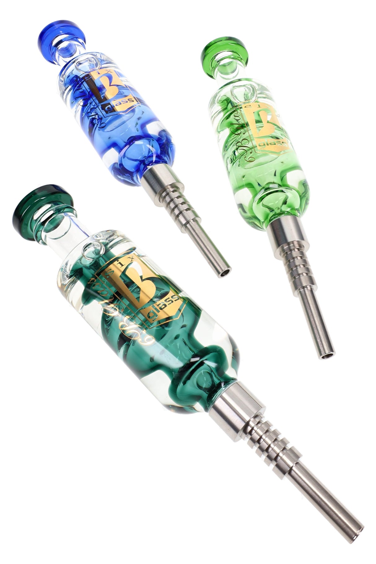 Assorted 7.5″ fluid-filled glass dab straws in blue and green with metal tips and gold logos