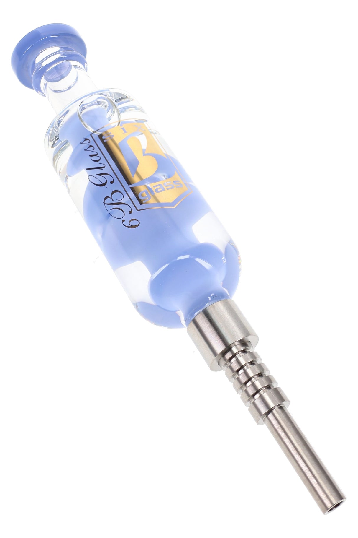 Blue 6B Glass fluid-filled glass dab straw with rounded mouthpiece, side carb, and metal tip