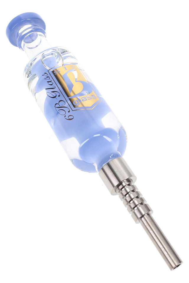 Blue 6B Glass fluid-filled glass dab straw with rounded mouthpiece, side carb, and metal tip