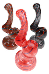 Assorted 4″ frit glass bubblers with swirl stripes, curved Sherlock necks, round bowls, and pedestal bases