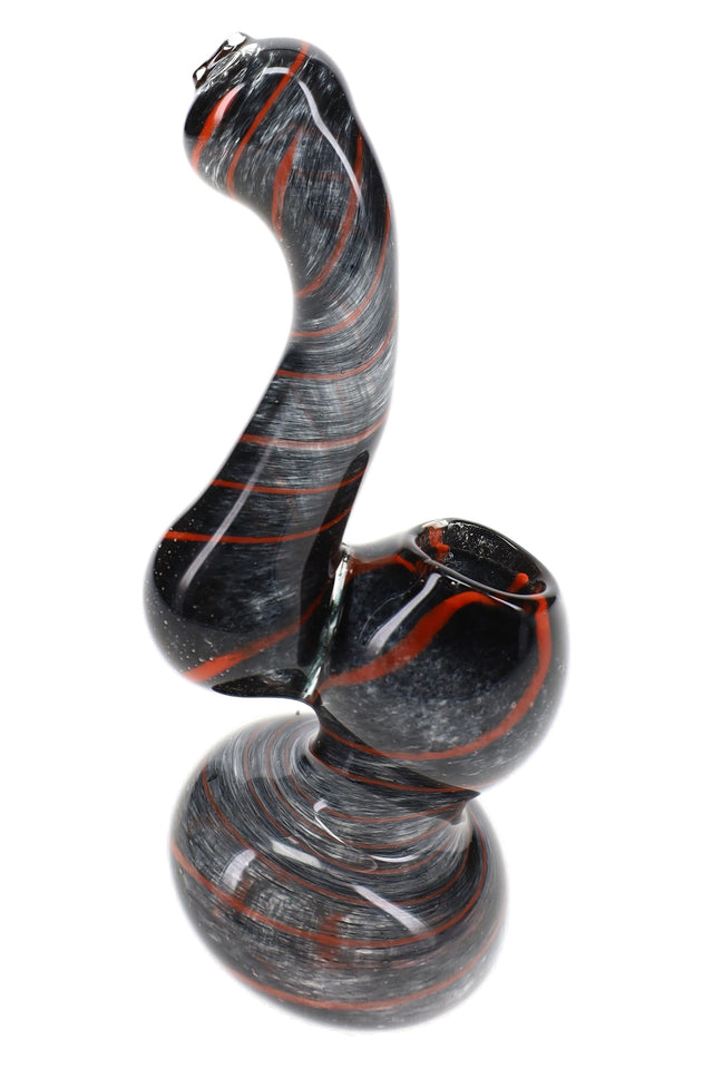 Black 4″ frit glass bubbler with red swirl stripes, curved Sherlock mouthpiece, round bowl, and pedestal base