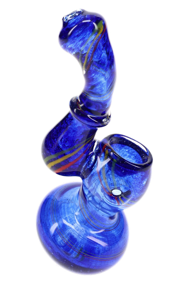 Blue 4″ rasta glass bubbler with frit texture, spiral stripe accents, curved Sherlock neck, and front carb hole