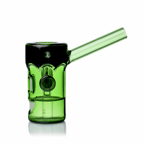 Animated view of MJ Arsenal Frankenbubbler glass bubbler showing compact green body and angled mouthpiece