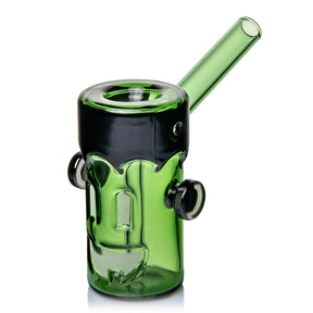 MJ Arsenal Frankenbubbler glass bubbler angled view with green body, black accents, side bolts and mouthpiece